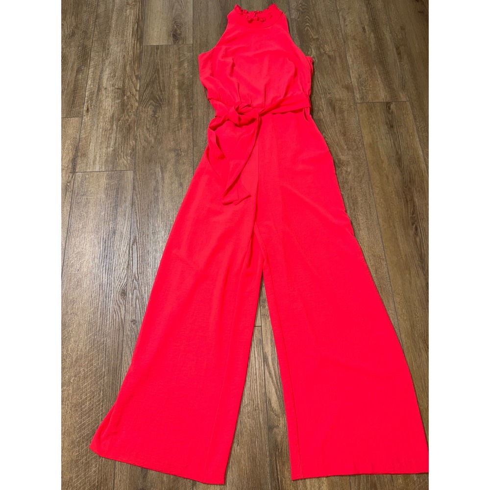 Vince Camuto Sleeveless Red Halter Jumpsuit with Tie-Waist